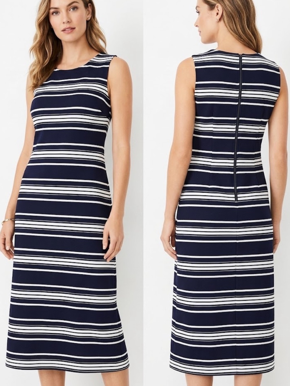 Striped Navy and White Sleeveless Sheath Dress